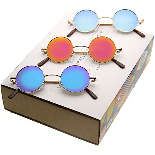 zeroUV Small Retro Lennon Inspired Style Colored Mirror Lens Round Metal Sunglasses 41mm (3pk Promo Box Gold B|O|BG)2