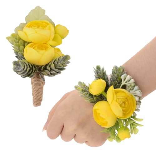 URROMA 2Pcs Yellow Rosebud Corsage Wrist Flower Set Artificial Hand Flower and Boutonniere Set for Homecoming Graduation Prom Bridal Wedding Party