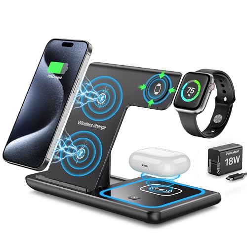 Wireless Charger,EXW 3 in 1 Wireless Charging Station,Fast Wireless Charging Dock for iPhone 15 14 13 12 11 Pro Max XR XS 8,for Apple Watch 9 8 7 6 5 4 3 2 SE,for AirPods 3 2 Pro(Black)