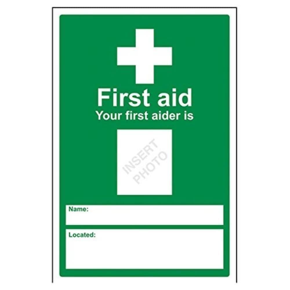 V Safety Your First Aider Are: Sign - 200mm x 300mm - Self Adhesive Vinyl