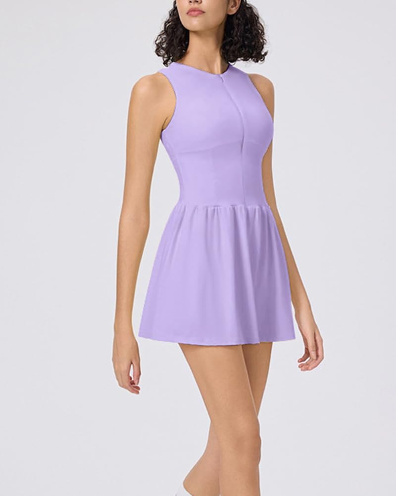 Mujer Primavera/Verano Deportivo Vestido Golf de Tirantes elástico Sin Mangas con Cremallera Cuello Redondo Vestido Fluido y Liso Running y Tenis con Pantalón Corto