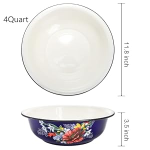 Lawei Set of 2 Enamel Bowl 4 Quart Large Enamel Salad Serving Mixing Bowl with Black Rim Vintage Enamelware Plate Dish for Fruit Salad Pasta Soup Dinner Round Dough Making Bowl Washing Basin 12in