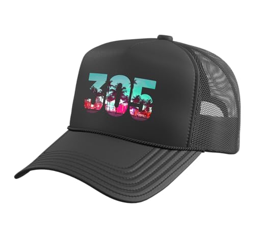 Miami 305 Area Code Florida Vintage Palm Trees Pride Retro Trucker Hat with Adjustable Mesh Back Black