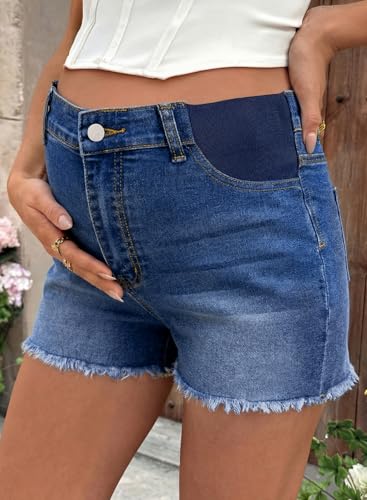 BLENCOT Maternity Jeans Shorts for Women Mid Waisted Frayed Hem Stretchy Denim Shorts Summer Pregnancy Clothes Wild Wind Large — view 2