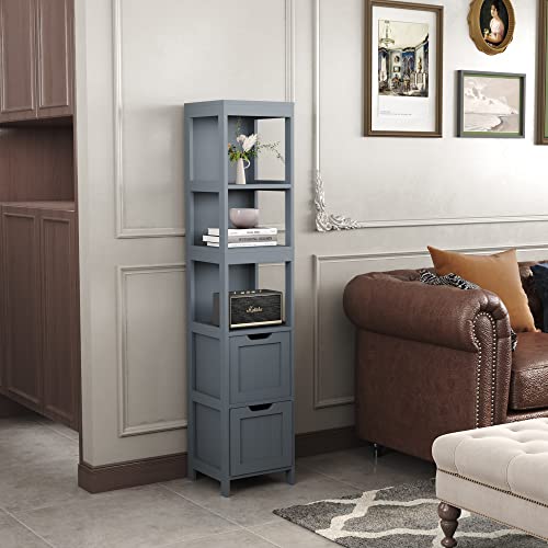 Homefort Bathroom Storage Cabinet, Slim Tall Cabinet, Narrow Floor Cabinet Organizer, Wooden Linen Tower With 2 Drawers And 3 Shelves, Freestanding Storage Cupboard (Grey) #TOP4