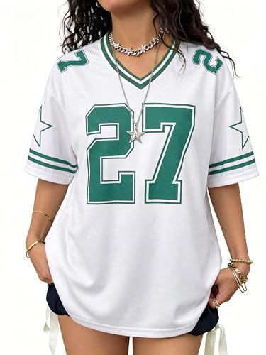 Image of Jersey Shirts for Women Y2k Graphic Tees V Neck Baggy Streetwear Number Oversized T Shirt Summer Tops