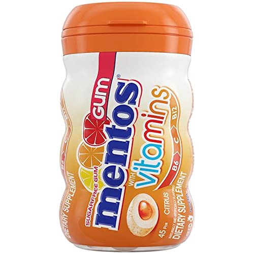 Image of Mentos Gum with Vitamins, Sugar Free Chewing Gum with Xylitol, Citrus Flavor, Vitamins B6, B12 and C, Bottle of 45 (Pack of 36)