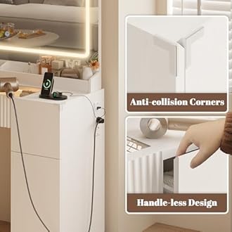 44" Vanity Desk with Large Mirror and Lights, Modern Glass Top Makeup Vanity Set with Power Outlet, 3 Drawers and 2 Cabinet, 3 Lighting Color Adjustable Dressing Table for Bedroom,Pure White