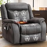 BAMCANFUR Massage Recliner Chair with Heated, Faux Leather Recliner Chairs for Adults, 39' Wide Manual Reclining Ergonomic Lounge Chair for Living Room with Overstuffed Backrest, Side Pocket, Grey