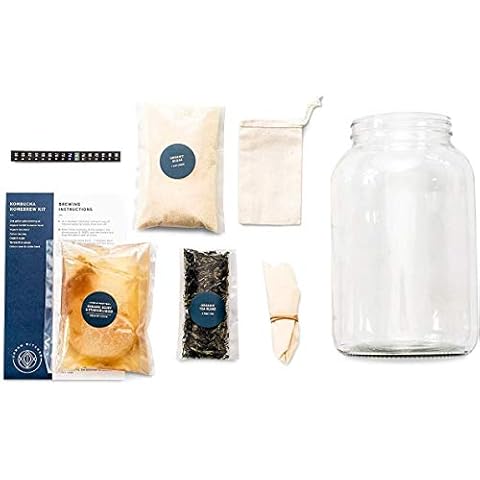 Kombucha Starter Kit - Organic Kombucha SCOBY & Strong Starter Liquid. Make Delicious Kombucha at Home with our USA Made 1 Gallon Glass Brew Jar, Temp Gauge, Tea & Sugar to Make 1 Gallon of Kombucha Cover