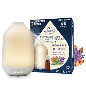 Glade Essential Oil Diffuser Holder & Refill, Cool Mist Aromatherapy Diffuser & Air Freshener for Home, Moment of Zen with Lavender & Sandalwood Scent, Holder + 17.4ml Refill