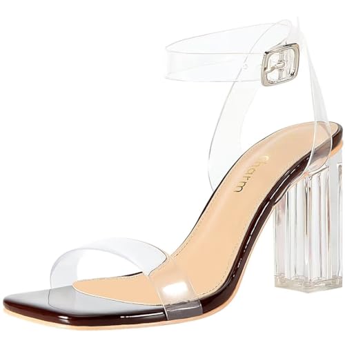 Image of Women's Clear Chunky Block Heeled Sandals 3.74 Inches Open Toe Ankle Strap Block High Heel Sandal Dress Dancing Sandals Daily Work Party Shoes