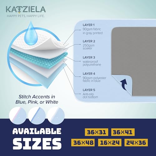 Image of Katziela Washable Pet Pads (2 Pack 18in x 24in) Super Absorbent Waterproof Reusable Dog Pee Pads for Dogs Washable Puppy Pads for Potty Training Housebreaking Washable Pee Pads for Dogs Blue Stitching