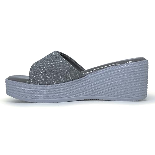 Image of WFS Women's Black 2.5 Inch Wedge Heel Slip-On Fashion Sandals - Shimmer Finish