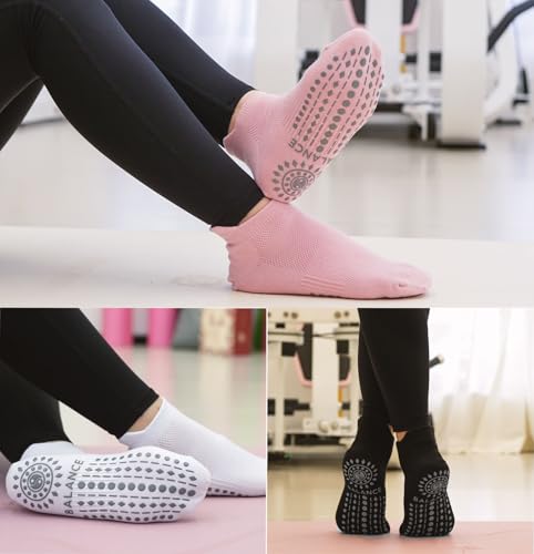 Grip Pilates Socks Ankle for Women, Yoga Non Slip Socks for Barre Workout Gym Hospital Sticky Slipper Socks 3 Pairs image 2