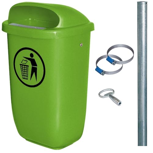 BRB Abfall-Behälter für den Außenbereich, Inhalt 50 Liter, nach DIN 30713, im Komplettset mit verzinktem Rohrpfosten