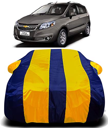 Image of Waterproof Car Cover with Ultra Surface Body Protection (Yellow Stripes) Suitable for (Chevrolet Sail Hatchback)