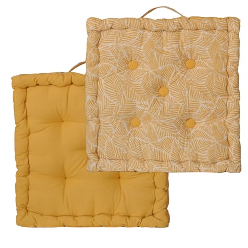 Atout Ciel Coussin de Sol 40x40cm avec Anse, Jaune imprimé/uni, Carré