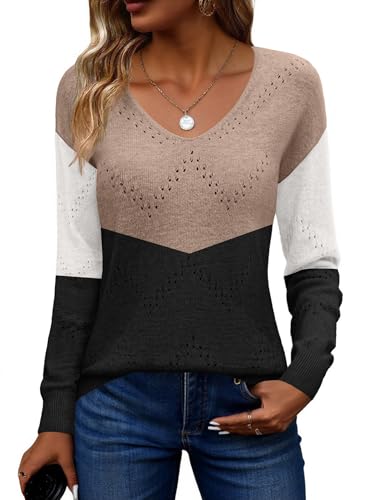 Image of Zeagoo Womens Sweaters Fall Trendy Casual Long Sleeve Shirt Lightweight V Neck Off Shoulder Crochet Pullover Top Outfit