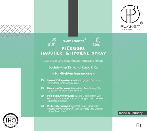 5L Haustier-Hygiene-Spray & Desinfektionsmittel für Hund, Katze & Co | Planet Sensitive® wirksam gegen Bakterien, Viren, Pilze & Sporen | Geruchsbeseitigung | Made in Germany | Kanister