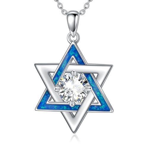 0.5CT Moissanite Diamond Star of David Necklace Sterling Sliver Blue Opal Jewish Star Pendant Brithday Anniversarry Valentines Mothers Day Gifts for Mom Wife Girlfriend