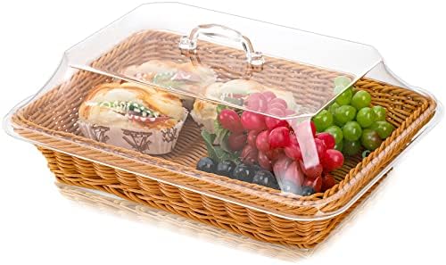 DEAYOU Wicker Bread Basket, Imitation Rattan Bread Basket with Lid, Woven Tabletop Food Serving Basket, Poly-Wicker Long Fruit Basket for Vegetable, Restaurant, Display, Kitchen, Party, Rectangle