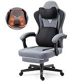 Vigosit Gaming Chair with Heated Massage Lumbar Support, Breathable Fabric Office Chair with Pocket Spring Cushion and Footrest, Recliner High Back PC Chair for Adult Grey