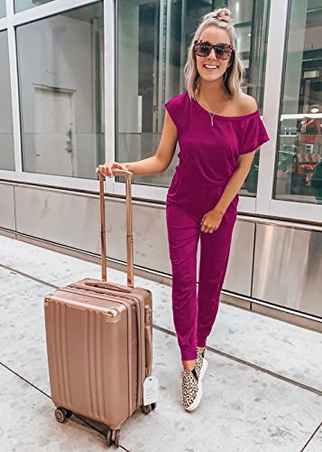 Image of PRETTYGARDEN Jumpsuits for Women Summer Off Shoulder Romper | Short Sleeve Drawstring Waist, Jogger Jumpers with Pockets, One Piece Spring Break Outfits, Vacation Travel Lounge Clothes