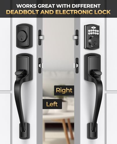 Image of Black Front Door Handle No Lock, Heavy Duty Front Door Lock Set | Exterior Door Handle No Lock for Every Deadbolt, Zinc Exterior Door Lock, Entry Handleset with Lever, Easy Install, Universal