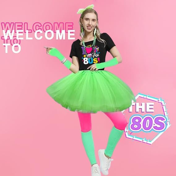 80s Outfit Women Costume Accessories Set T Shirt Shorts Tutu Skirt Neno Party Leg Warmers Headband - Image 3