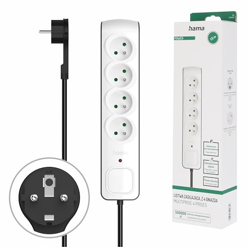 Hama Multiprise Parasurtenseur avec Interrupteur (Bloc 4 Prises 16A Look Design, Rallonge 1.5m, Prise Multiple économie d'énergie, Prises 45°, Prise Male...