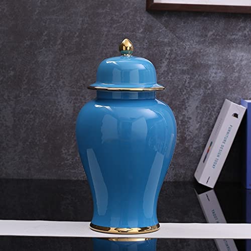 Robmet Decorative Ginger Jar For Home Decor, Modern Ceramic Temple Jar With Lid, Chinoiserie Glossy Glazed Flower Vase For Dining Table Centerpiece, Gold & Blue (Size : Large) #TOP1
