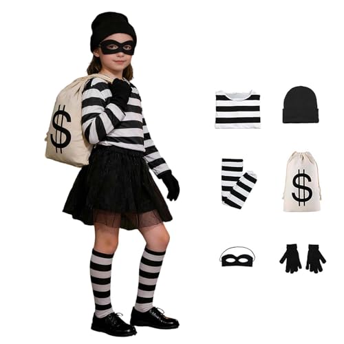 Disfraz de ladrón de bancos para niña, divertido disfraz de ladrón de convicto, disfraz para niña, para carnaval, cosplay, fiesta (140 cm)