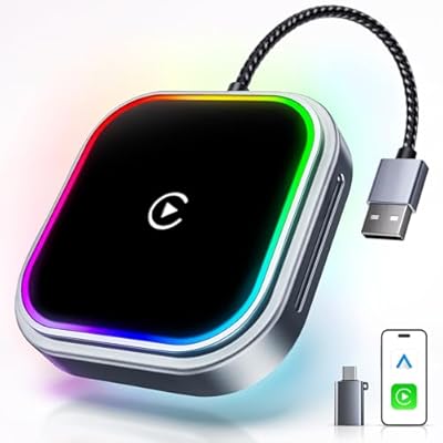 WityEye Adaptador CarPlay y Android Auto Inalámbrico 2 en 1 con Luz Ambiental Bluetooth V5.3 Conexión Estable 5.8GHz WiFi Alta Velocidad USB A/C para Apple iPhone iOS 10+ Android 11+
