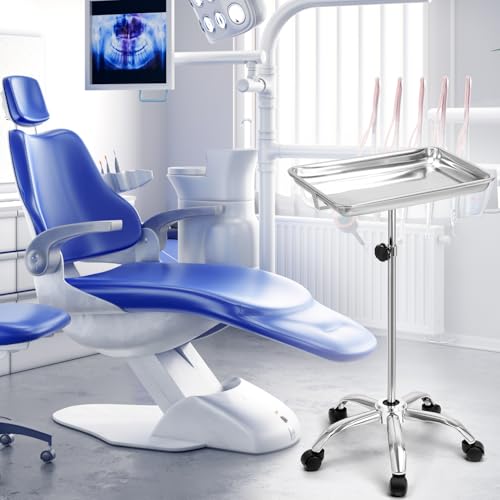 QWORK Medical Tray Instrument Stand with Mobile 5 Caster Base - 31-50\" Adjustable Height Stainless Steel Medical Doctor Tattoo Tray