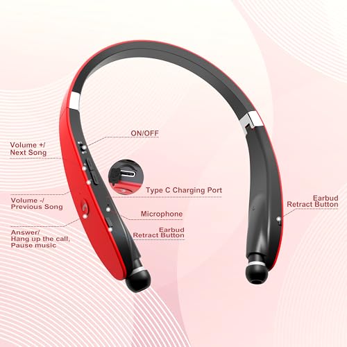 Image of Bluetooth Neckband Headphones, Foldable Wireless Lightweight Neck Headset with Retractable Earbuds, Noise Cancelling Sweatproof Stereo Earphones with Mic & Carrying Case (Red)