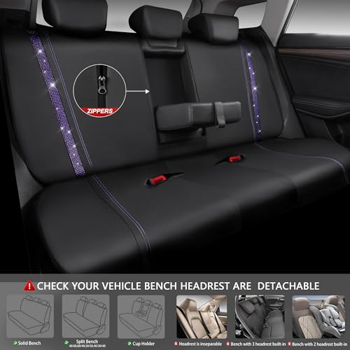 Image of CAR PASS Bling Diamond Car Seat Covers Full Set,Shining Rhinestone Waterproof Faux Leather,Rear with Zipper,Universal Fit Automotive Glitter Crystal Sparkle Strips for Women,Violet Purple Rhinestone