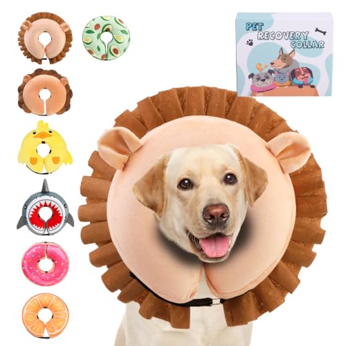 Image of KOOLTAIL Inflatable Dog Cone Collar, Soft Donut E Collar for Dogs After Surgery to Stop Licking Enhanced Alternative, Blow Up Pet Neck Pillow Recovery Adjustable Cone for Dog Cat, Lion L