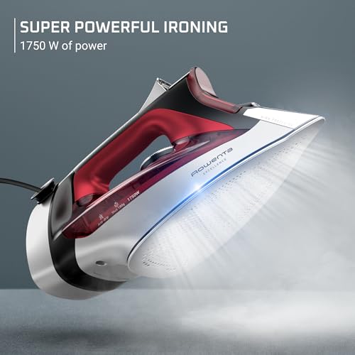 Image of Rowenta Iron, Focus Excellence Stainless Steel Soleplate Steam Iron for Clothes, Retractable Cord, 400+ Microsteam Holes, Powerful steam, LED Display, 1750 W Ironing Clothes, Cordreel, Red DW5433