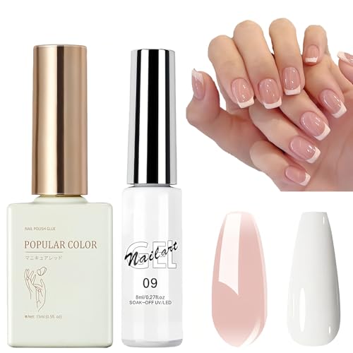 French Manicure Gel Nail Polish Kit White and Nude Jelly Polish With Liner for UV/LED Soak Off Tips - DIY French Manicure for Women