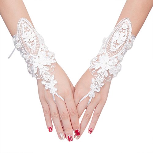 IBLUELOVER Gants Mariage Blanc Gant Déguisement Femme Mitaines Court Exquis Gants en Dentelle avec...