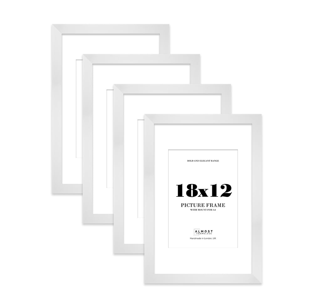 18x12 White Frame With Mount for A4 Pictures 28mm Edge Portrait and Landscape Display with Wall Hooks, 4 Pack