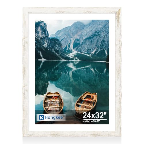 Hongkee 24x32 Poster Frame, Distressed White Wood Style, Wall Mounting