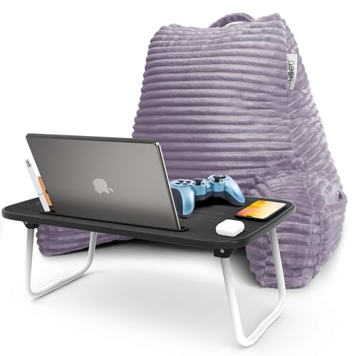 Image of Nestl Dusty Purple Reading Pillow with Bed Desk for Laptop and Writing, Luxe Cut Plush Back Pillow for Sitting Up, Back and Arms Adjustable Support for Adult & Teens, Foldable Lap Desk for Bed 22x14 inch