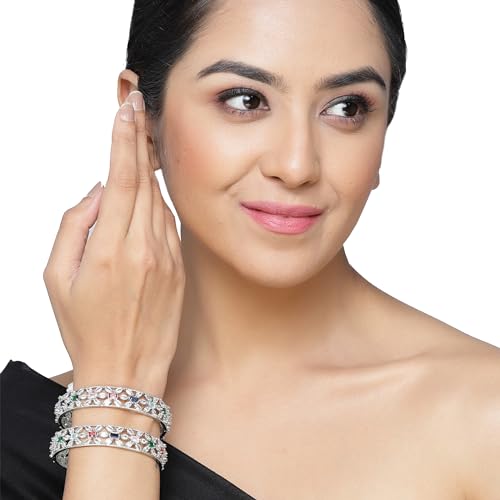 Rhodium-Plated Silver Toned American Diamond Bangle Set