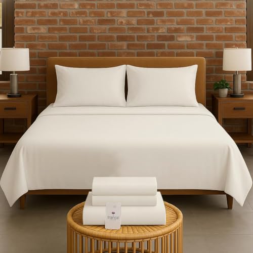 Image of Trance Home Linen 300 TC Bamboo Flat King Size Bedsheet | Soft, Breathable & Eco-Friendly Bedsheet with 2 Pillow Cover - (108 x 108 inch, Off White)