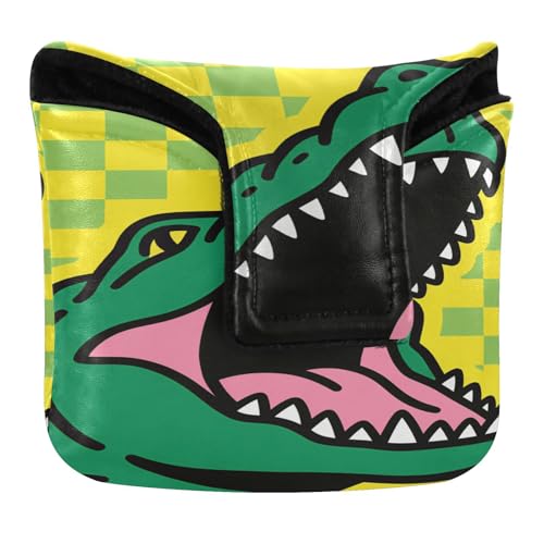 Cute Green Crocodiles Checkerboard Mallet Style Putter Cover Magnetic Closure Golf Putters Headcovers for Mallets and Square PU Leather Waterproof