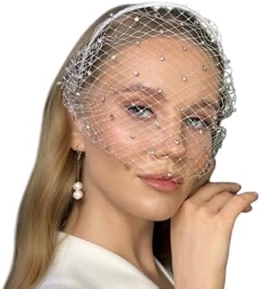 Bridal Birdcage Veil with Crystals, Wedding Fascinator Headpiece with Pearl Earrings, White