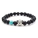 Karseer Black Matte Onyx and Lava Energy Stone Mala Beaded Stretch Bracelet with Bulldog Mascot Charm and Birthstone Embellishment, Handmade Friendship Jewelry Gift Unisex 7", Antique Silver