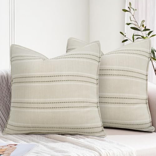 20X20 Decorative Farmhouse Linen Throw Pillow Covers, Boho Textured Pillow Case Set of 2 ,Beige with White & Gray Stitch Yarn Dyed Stripe Cushion Cover ,Modern Accent Square Pillowcase for Sofa Couch